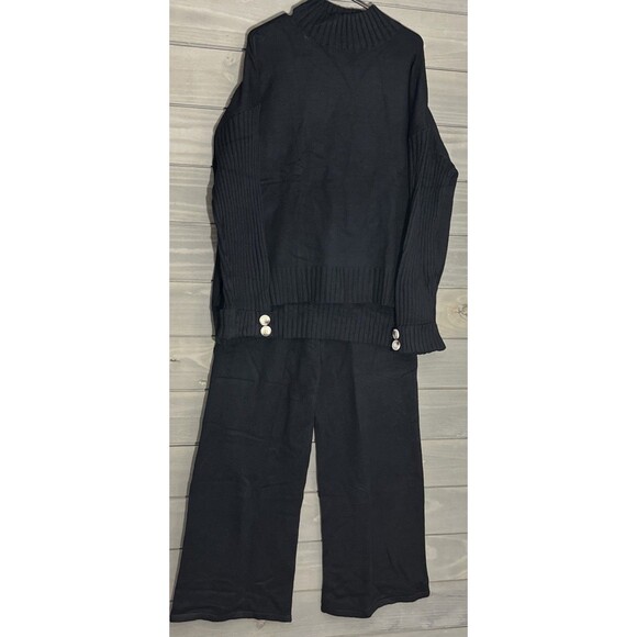 Anrabess 2 Pc Loungewear Set Womens L Black Knit Sweater Set Wide Leg Mock Neck - Picture 8 of 9